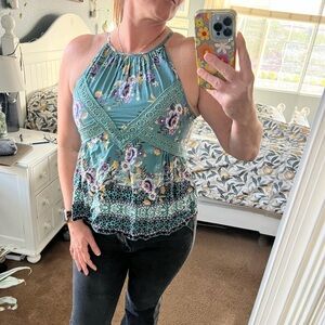 Blue Rain Embellished Halter Tank Top Blue Green